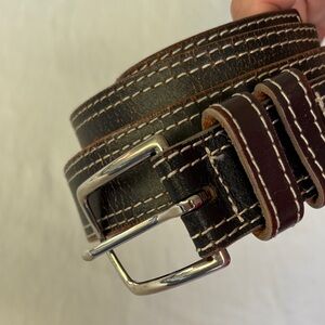 Classic Brown Leather Belt with Cream Contrast Stitching Size 36